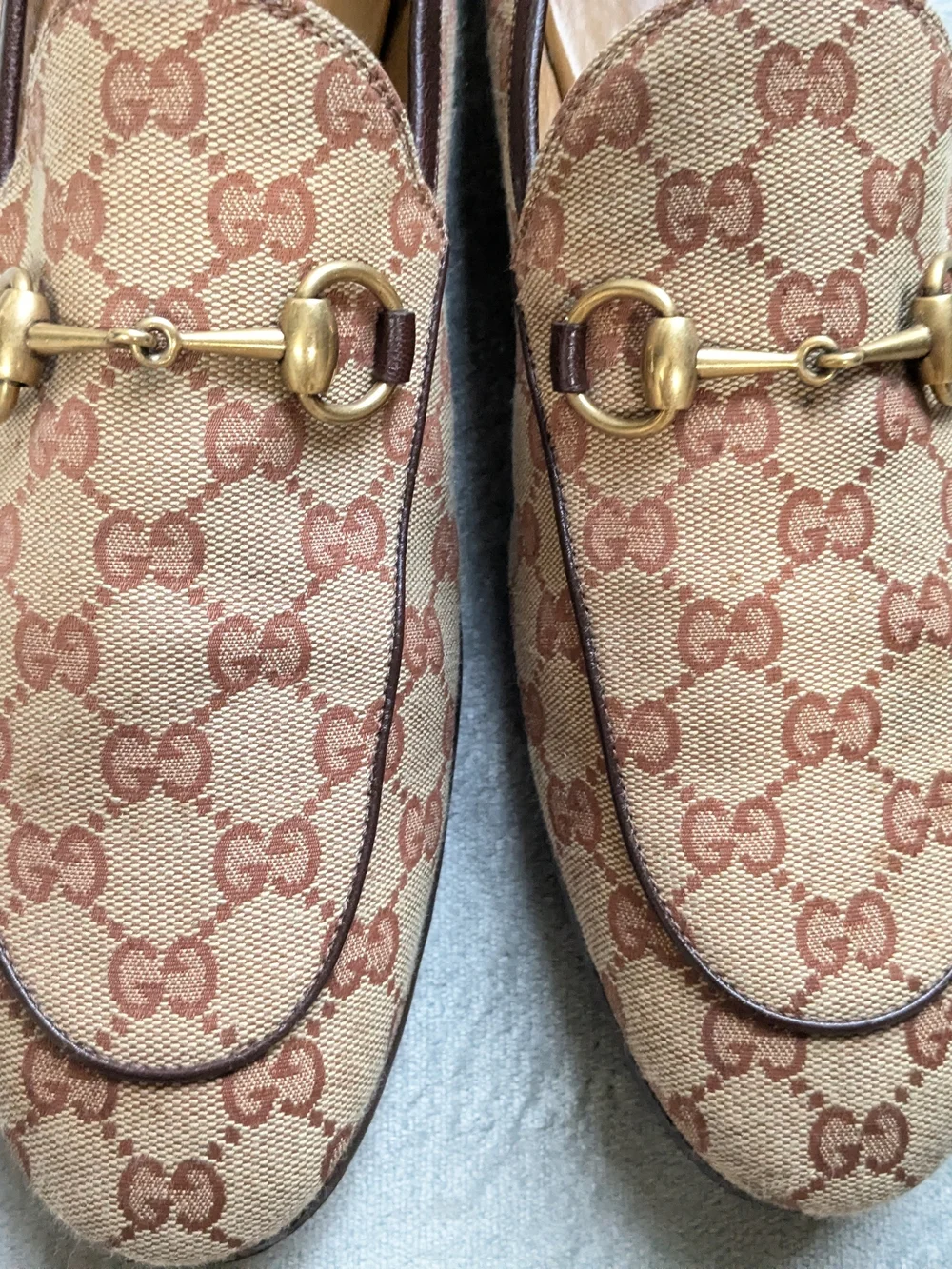 Gucci Men’s Beige GG Canvas Horsebit Loafers US 10.5 Monogram Logo GG Brown